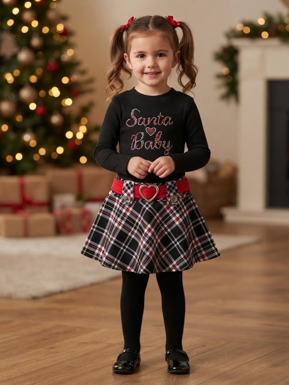Santa Baby Black & Red Plaid Holiday Dress for Girls